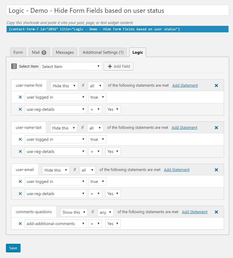 Logic - Demo - Hide Form Fields based on user status
